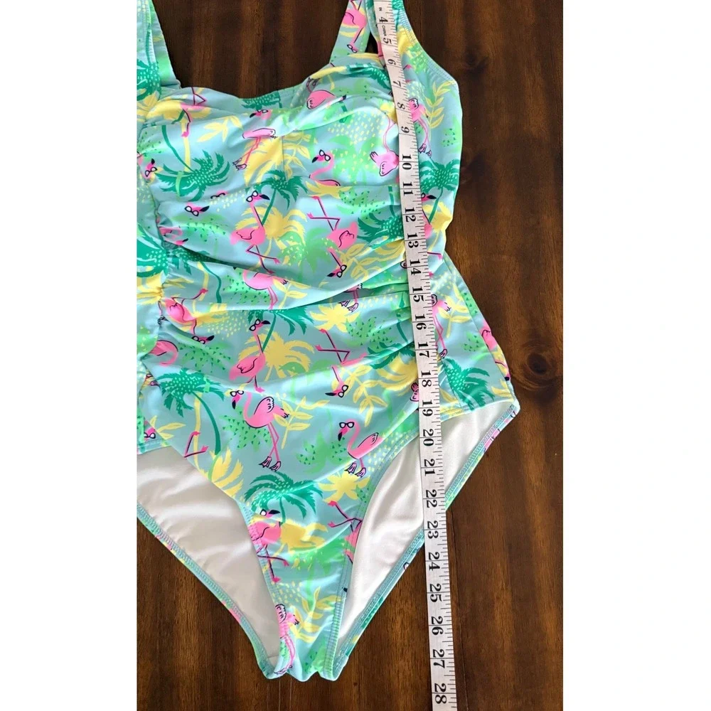 Berkley Jensen Womens Flamingo‎ Palm Tree One Piece Ruched Swimsuit Blue Size M